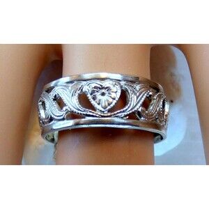 VTG Sterling Silver Floral Heart Ring Band Ornate Scrollwork Sz 7
